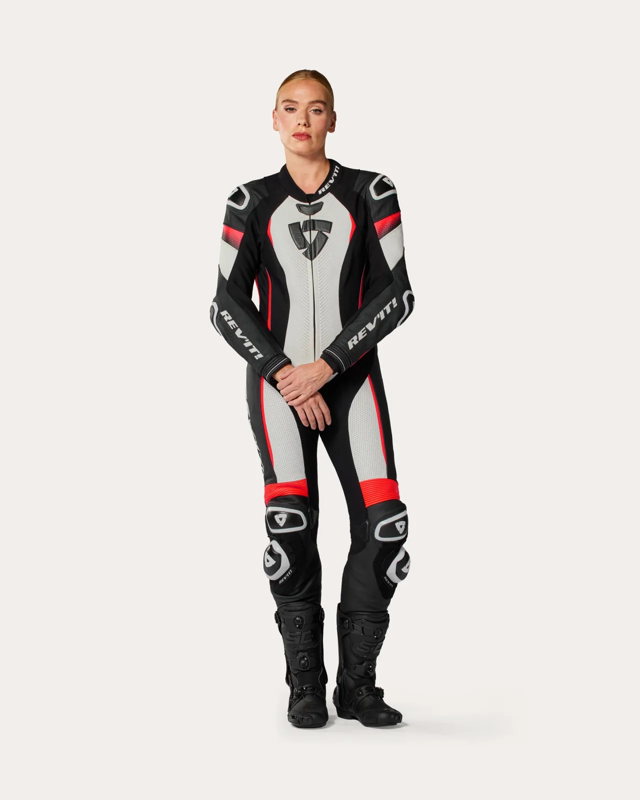 Дамски цял кожен екип Rev'it Xena 4 White Neon Red