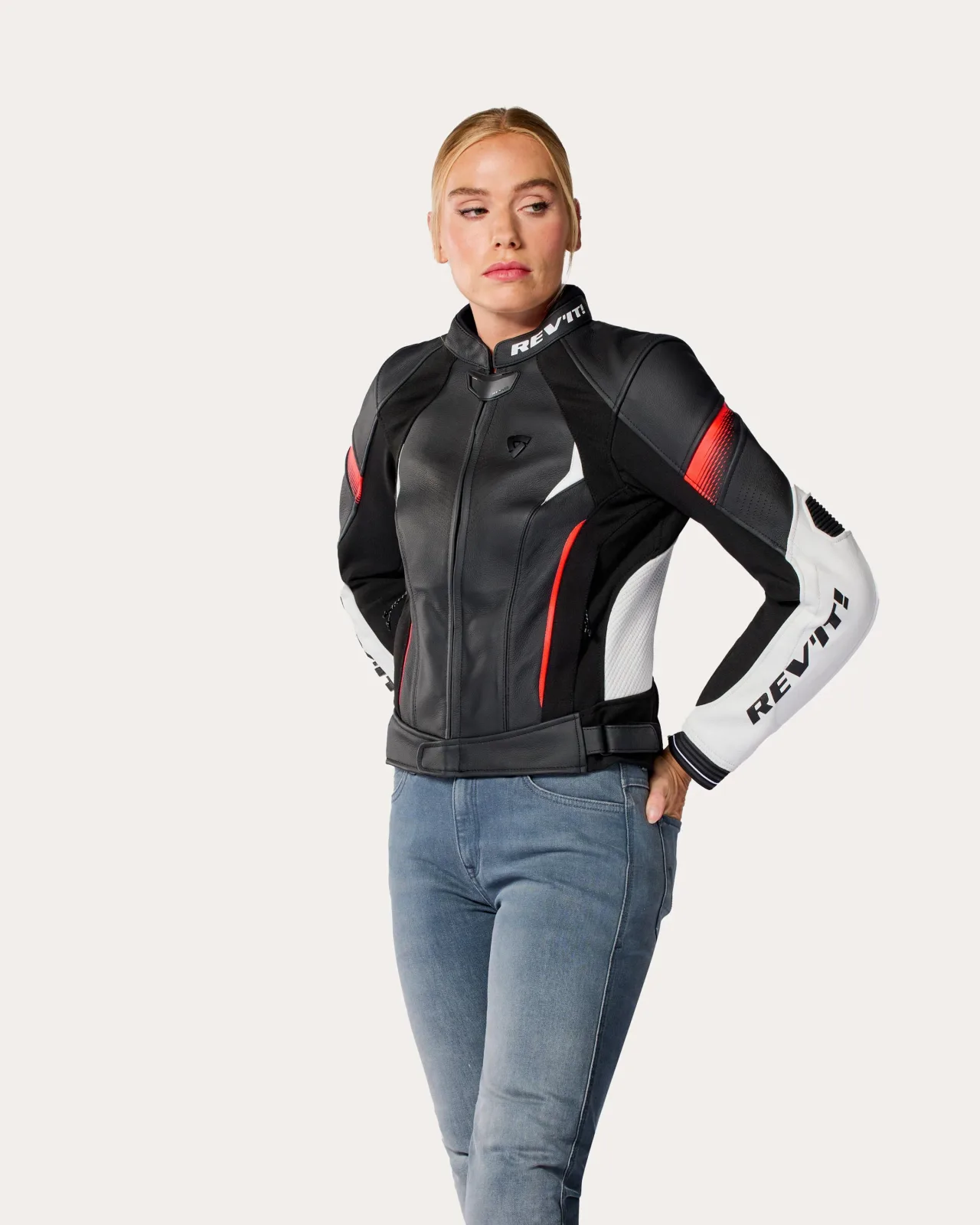 Дамско кожено яке Rev'it Xena 4 White Neon Red