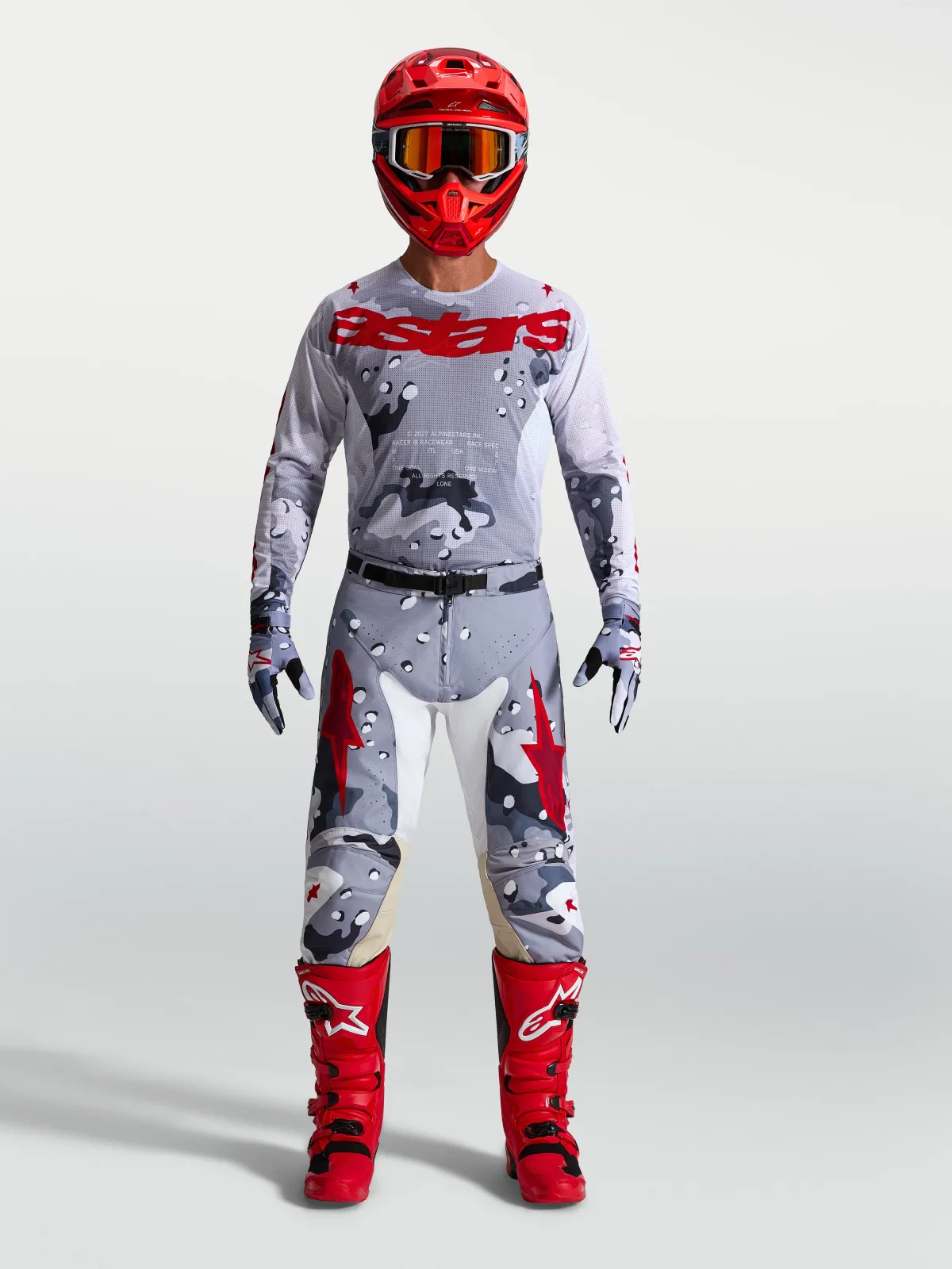 Мотокрос панталон Alpinestars Racer Air Lone Gray Camo White Fire Red