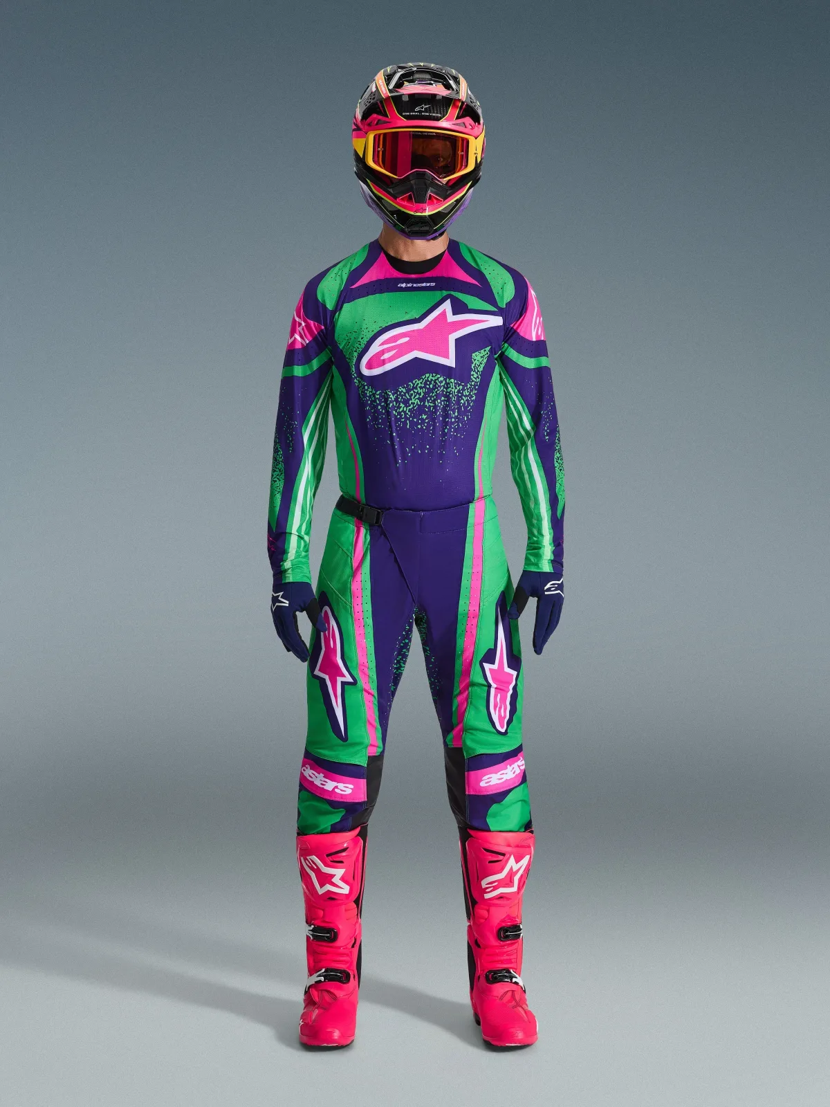 Мотокрос панталон Alpinestars Techstar Nomur Deep Purple Green Pink Fluo