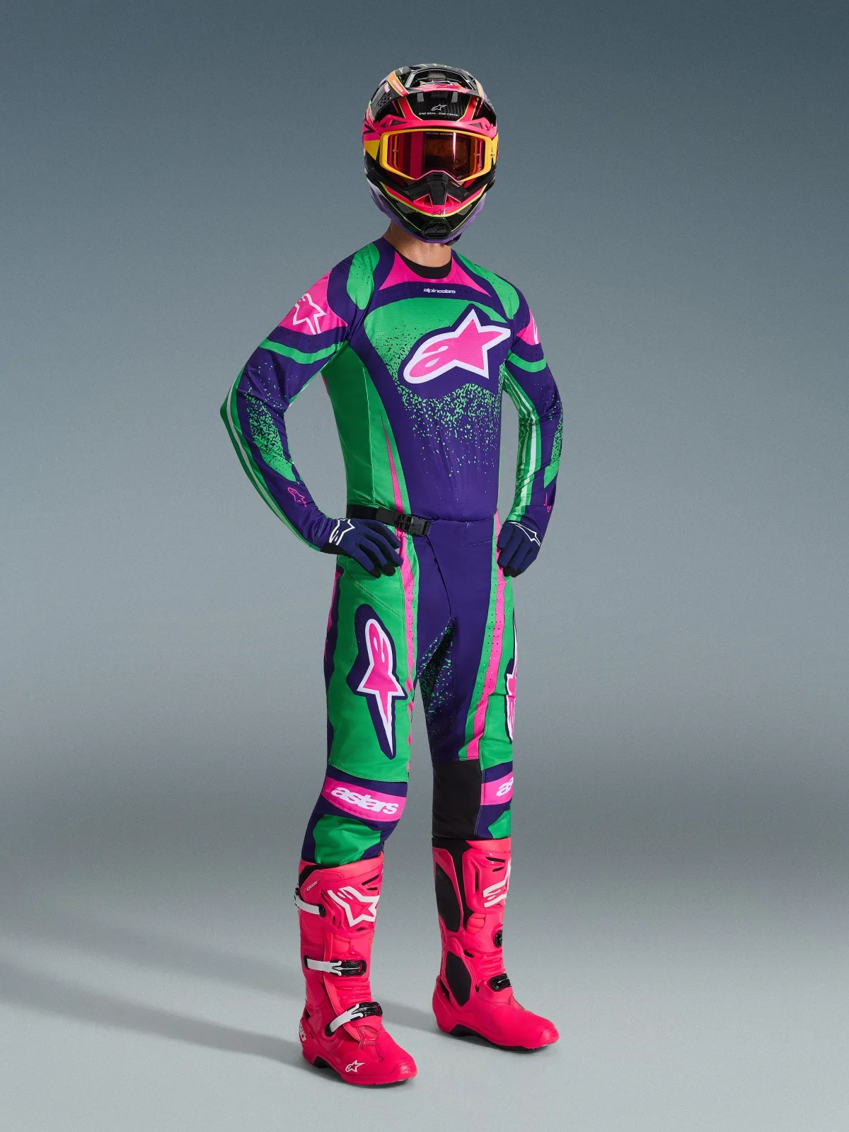 Мотокрос панталон Alpinestars Techstar Nomur Deep Purple Green Pink Fluo