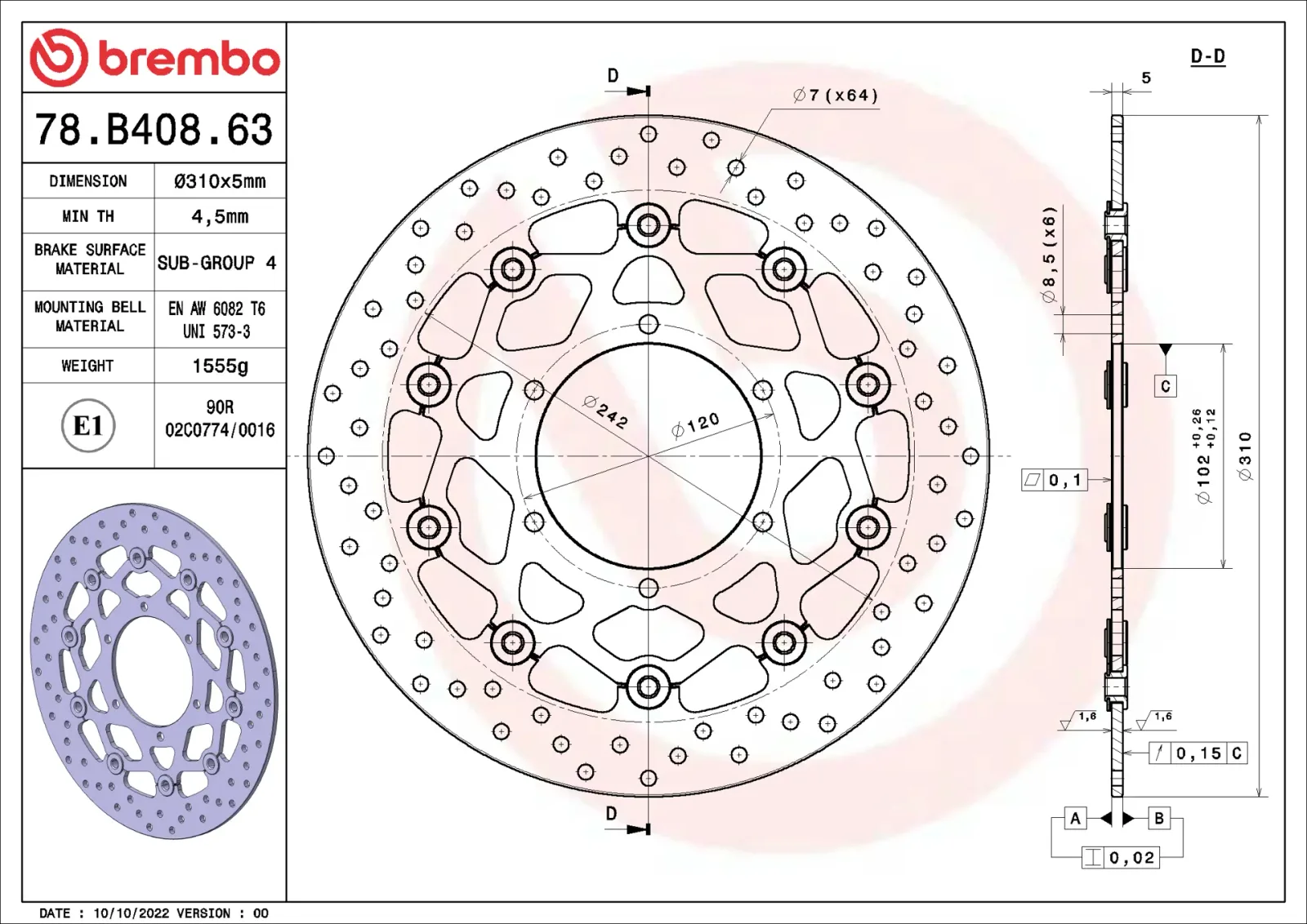 Преден спирачен диск Brembo 78B40863