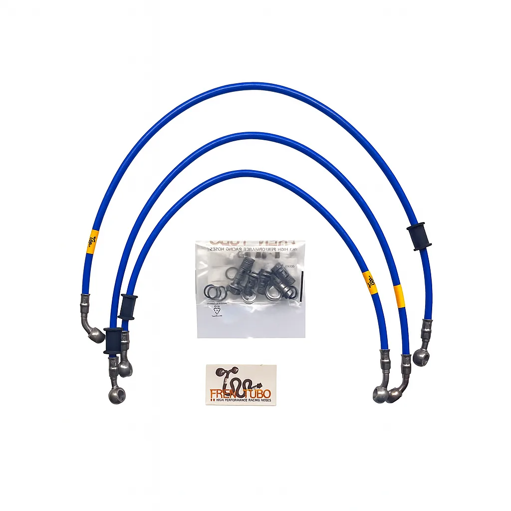 Спортни спирачни маркучи Fren Tubo „Type 1“ за Suzuki GSXR 1000 2009-2011 – Blue Sleeve, Steel Fittings (Direct версия)