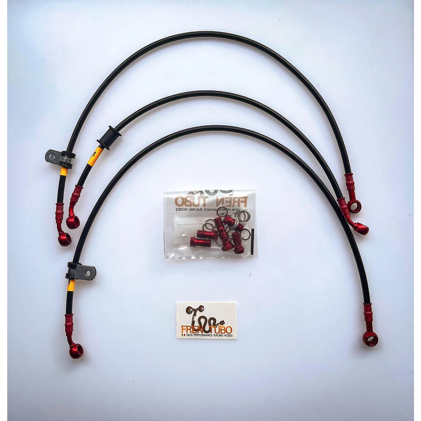 Спортни спирачни маркучи Fren Tubo „Type 2“ за Honda CBR600RR 2005-2006 – Black Sleeve, Red Fittings (Direct версия)