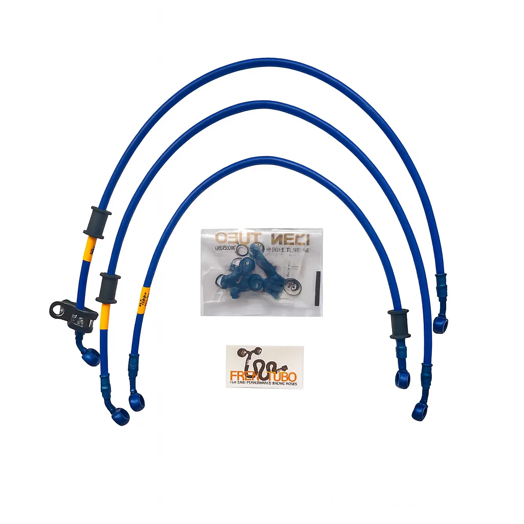 Спортни спирачни маркучи Fren Tubo „Type 2“ за Suzuki GSXR 1000 2009-2011 – Blue Sleeve, Blue Fittings (Direct версия)